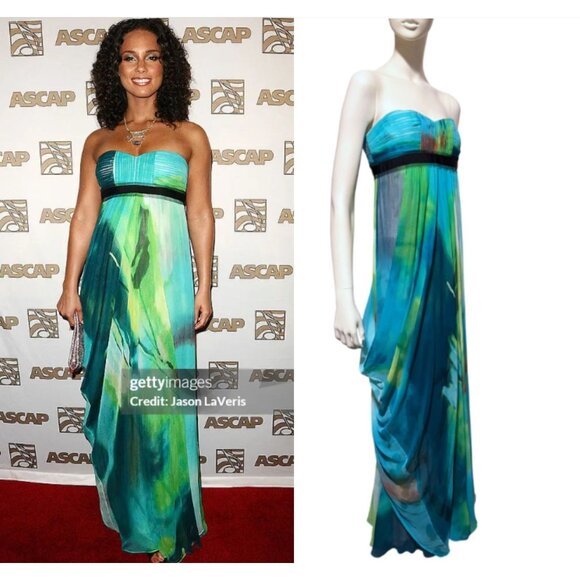 Y2K BCBG Silk Strapless Gown 4 Watercolor Color Block ASO Alicia Keys 2009 - Picture 1 of 11